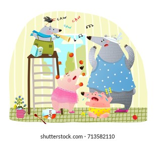 Naughty Loud Kids and Mom or Nanny. Baby sitter and noisy crying playing children at home. Vector illustration.