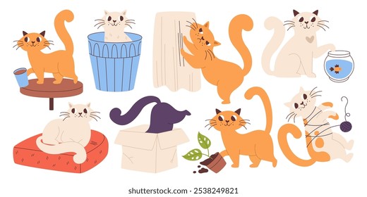 Animais de estimação de gato travessos mau comportamento fazendo problema com as coisas de casa definidas. Gatinho brincando com fios, derrubando planta de casa e xícara de café, coçando poltrona, brincando com peixes de aquário