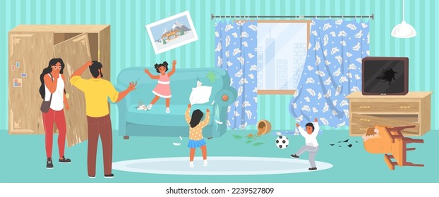 Naughty mischievous children in messy room vector illustration. Frustrated parents and kids having fun in untidy living-room with broken furniture. Parenting and education - Shutterstock ID 2239527809