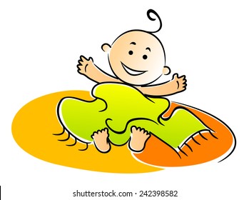 Naughty mischievous little baby lying under a towel with a beaming smile, vector illustration