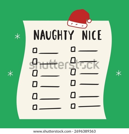 Naughty Nice List with Santa Hat. Flat vector illustration of a simple holiday checklist with empty lines Design for Santa's behavior report on green background.