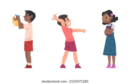 Naughty and obedient children. Boys and girl demonstrating good and bad behavior set cartoon vector illustration
