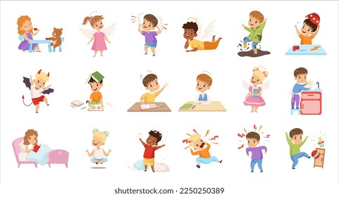 Naughty and Obedient Kids Engaged in Different Activity Big Vector Set