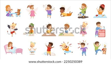 Naughty and Obedient Kids Engaged in Different Activity Big Vector Set
