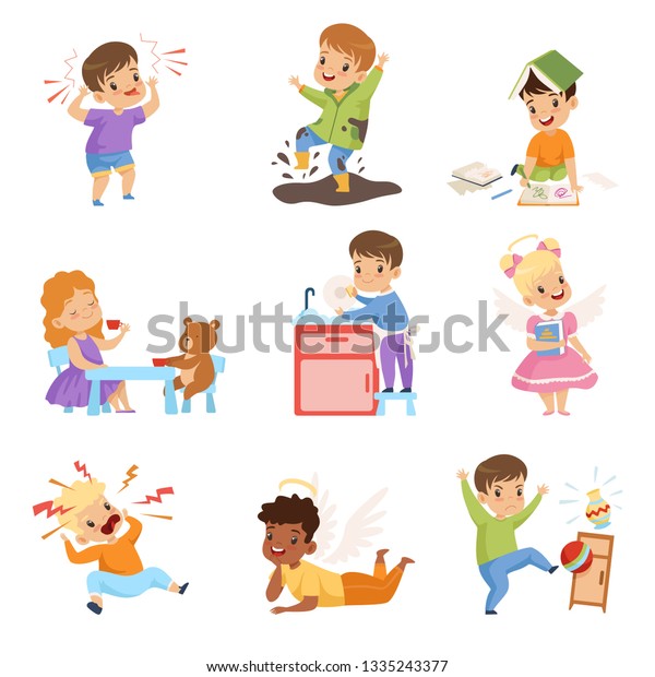 Naughty and Obedient Kids Set,\
Children with Good Manners and Hooligans Vector\
Illustration