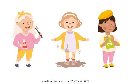 Naughty and obedient kids set. Little girls cleaning teeth, playing in mood and reading books cartoon vector illustration
