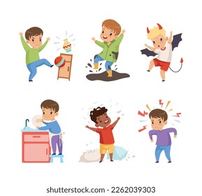 Naughty and Obedient Little Boy Doing Mischief and with Good Upbringing Vector Set