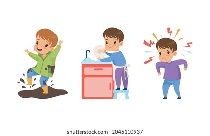 Naughty and Obedient Little Boy Splashing in Mud and Washing Dishes in Kitchen Sink Vector Set