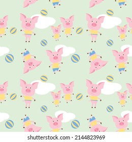 Naughty piglets having fun playing ball, vector seamless pattern. On green background for fabrics and wrapping paper.