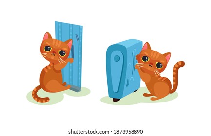 Naughty Playful Kitten Scratching Wallpaper and Radiator Vector Set