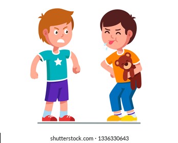 Naughty preschool kid holding teddy bear, showing tongue, grimacing & teasing angry boy. Children quarreling over toy, having argument & conflict. Flat vector cartoon child characters illustration