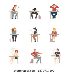 Naughty Pupils Sitting At School Desk Vector Illustration