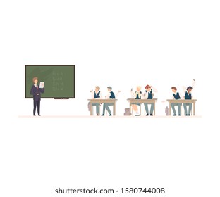 Naughty Pupils Sitting At School Desk Vector Illustration