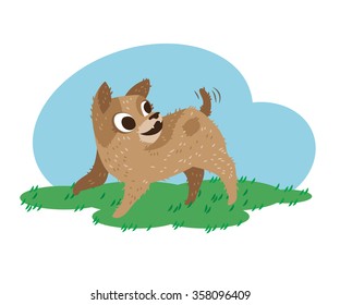Naughty puppy chasing his tail outdoors