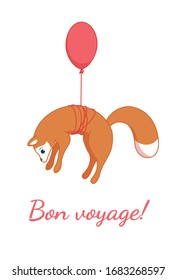 Naughty red fox trying to fly on a baloon. Card for voyagers. Vector illustration in cute cartoon style