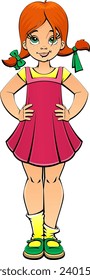 Naughty red-haired girl. Cartoon mascot.