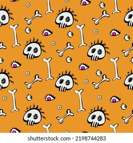naughty seamless pattern for halloween holiday. Cheerful design of skulls and bones, eyes in cartoon style on orange background.