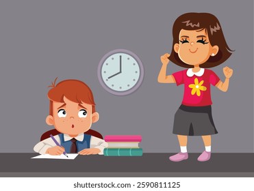 
Naughty Student Dances on Desk During class Vector Cartoon. Misbehaving schoolgirl standing on top of a table at school
