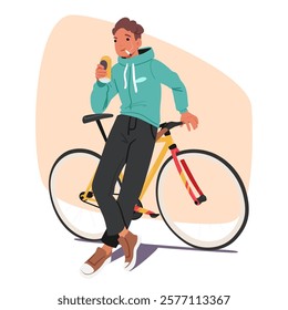 Naughty teenage boy character drinking beer alcohol and smoking cigarette having unhealthy bad habits showcasing misbehavior standing nearby bicycle cartoon vector illustration. Teenagers mischief