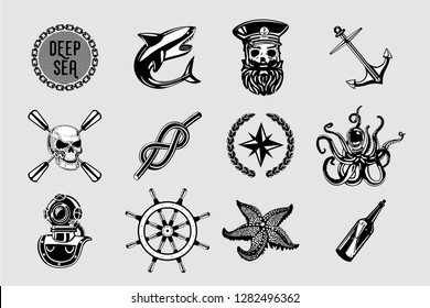 Nauitical icons set. Vintage marine signs collection with sailing elements. Sailor tattoo vector design.