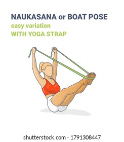 Naukasana or Yoga Boat pose Easy Variation with Strap Illustration. Colorful Concept of Navasana Asana Woman in Sportswear Top, Sneakers and White Pants Does the Fitness Stretch Exercise.