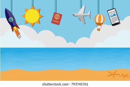 Naural sea landscape view wallpaper with the Sun,satrfish,passport,plane hanged on the frame, with tropical summer sea view in the background