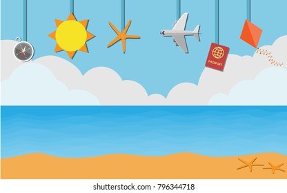 Naural sea landscape view wallpaper with the Sun,starfish,passport,plane,kite and compass hanged on the frame, with tropical summer sea view with some cloud in the background (with copy space)