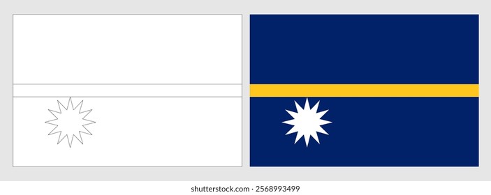 Nauru flag - coloring page. Set of white wireframe thin black outline flag and original colored flag.