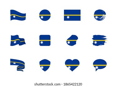 Nauru flag - flat collection. Flags of different shaped twelve flat icons. Vector illustration set