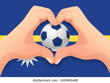 Nauru flag and hand heart shape. National football background. Soccer ball with flag of Nauru vector illustration