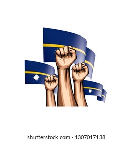 Nauru flag and hand on white background. Vector illustration