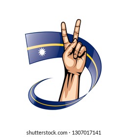 Nauru flag and hand on white background. Vector illustration