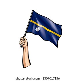 Nauru flag and hand on white background. Vector illustration