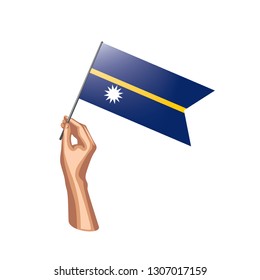 Nauru flag and hand on white background. Vector illustration