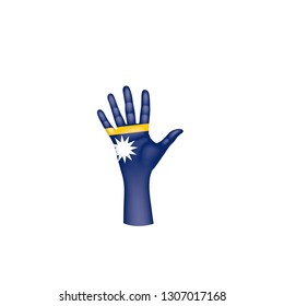Nauru flag and hand on white background. Vector illustration