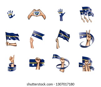 Nauru flag and hand on white background. Vector illustration