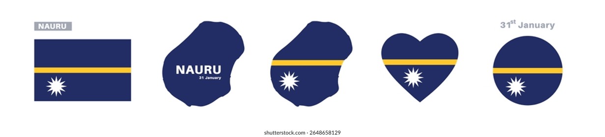 Bandeira de Nauru e conjunto de mapas. Bandeira de Nauru em cores e proporções oficiais. dia da independência 31 de janeiro , mapa, círculo e coração em forma de Nauru