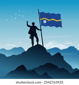 Bandera de Nauru levantada en la cima de una montaña con el cielo despejado en el fondo, Ilustración vectorial