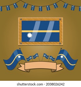 Nauru Flags On Frame Wood, Label, Simple Gradient and Vector Illustration