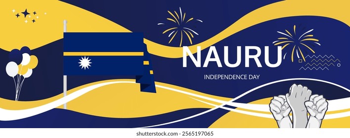 Nauru Independence Day greeting banner. Happy Nauru National Day on 31th January. Modern template with flag and raised fist. Holidays illustration concept