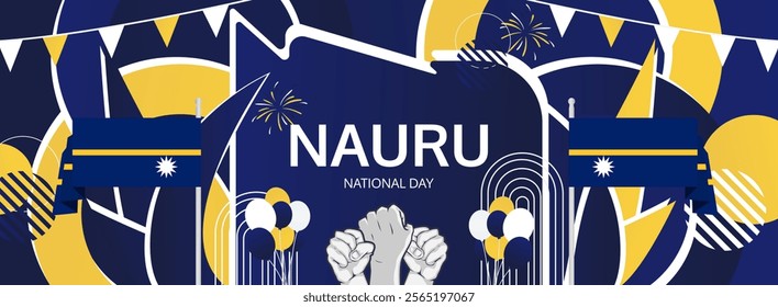 Nauru Independence Day greeting banner. Happy Nauru National Day on 31th January. Modern template with flag and raised fist. Holidays illustration concept
