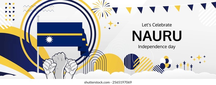 Nauru Independence Day greeting banner. Happy Nauru National Day on 31th January. Modern template with flag and raised fist. Holidays illustration concept