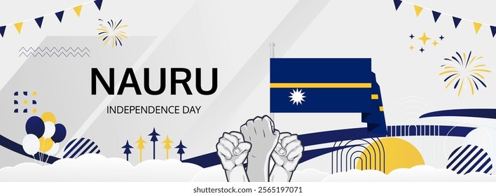 Nauru Independence Day greeting banner. Happy Nauru National Day on 31th January. Modern template with flag and raised fist. Holidays illustration concept
