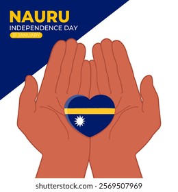 Nauru Independence Day January 31th. Nauru national flag heart in cupped hands. Template background design. Vector illustration