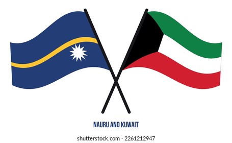 Banderas de Nauru y Kuwait Cruzadas y ondeando estilo plano. Proporción oficial. Colores correctos.