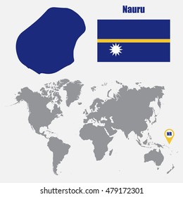 Nauru map on a world map with flag and map pointer. Vector illustration
