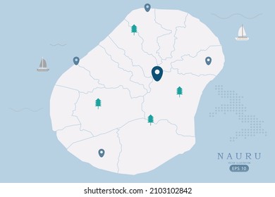 Mapa de Nauru - Mapa mundial Mapa internacional de la plantilla vectorial Alto detallado con color blanco aislado en fondo azul incluyendo punto de ubicación simple, árbol, icono de barco - Ilustración vectorial eps 10