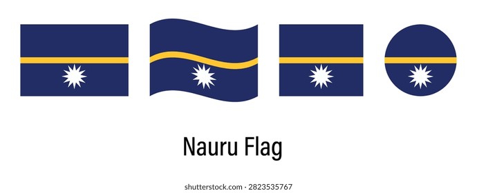 Nauru National Flag Set Collection with Rectangle, Waving, Square and Circle Shapes Isolated on Black Background Vector Illustration