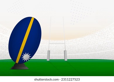 La selección nacional de Nauru de rugby en el estadio de rugby y en los puestos de gol, preparándose para un penal o patada libre. Ilustración vectorial.