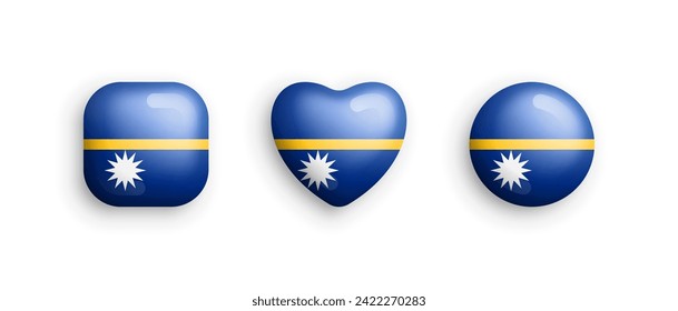 Nauru Official National Flag 3D Vector Glossy Icons In Rounded Square, Heart And Circle Shape Isolate On White. Nauruan Sign And Symbols Graphic Design Elements Volumetric Buttons Collection